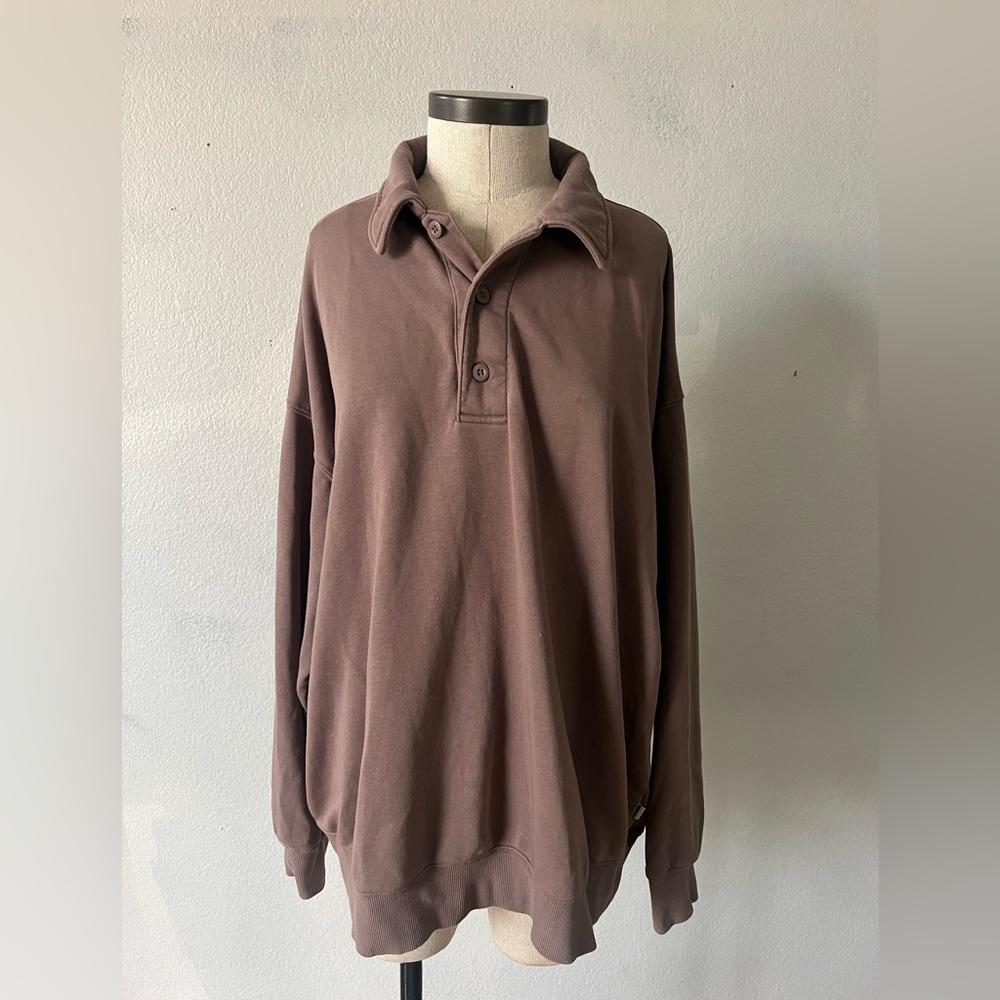 Fabletics Women’s Casual Year Round Terry Polo Pullover Sweatshirt Deep Brown‎